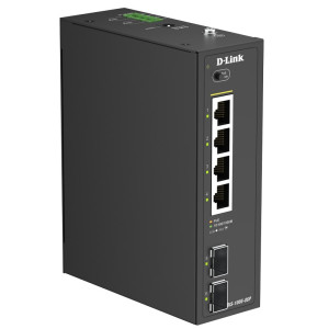 D-Link DIS-100G-06P 6-Port Unmanaged Industrial Gigabit PoE+ Switch, 2 SFP slots, Plug-and-play, Fanless, DIN-rail mount
